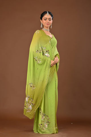 Shaded Mehendi Platinum Chiffon Saree with Gold and Silver Aari Kasab boota with Zardozi and copper sequins