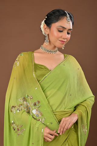 Shaded Mehendi Platinum Chiffon Saree with Gold and Silver Aari Kasab boota with Zardozi and copper sequins