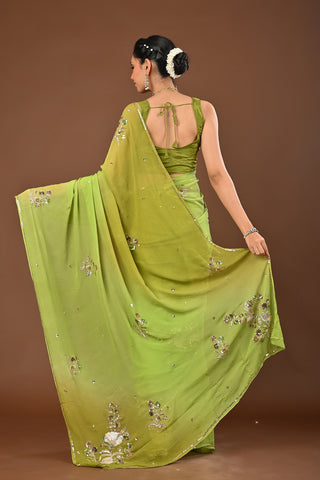 Shaded Mehendi Platinum Chiffon Saree with Gold and Silver Aari Kasab boota with Zardozi and copper sequins