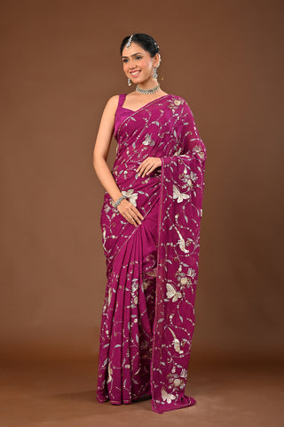 Falsa Platinum Chiffon Saree with Aari Kasab Heavy Jaal with sequins and motif with Parrot