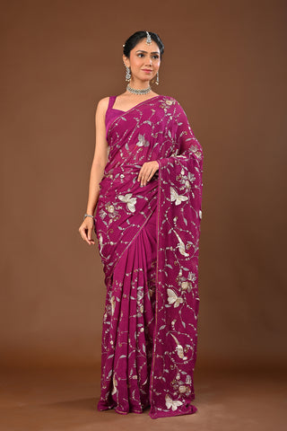 Falsa Platinum Chiffon Saree with Aari Kasab Heavy Jaal with sequins and motif with Parrot