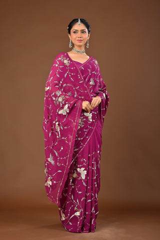 Falsa Platinum Chiffon Saree with Aari Kasab Heavy Jaal with sequins and motif with Parrot