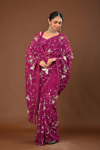 Falsa Platinum Chiffon Saree with Aari Kasab Heavy Jaal with sequins and motif with Parrot