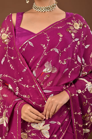 Falsa Platinum Chiffon Saree with Aari Kasab Heavy Jaal with sequins and motif with Parrot