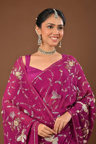 Falsa Platinum Chiffon Saree with Aari Kasab Heavy Jaal with sequins and motif with Parrot
