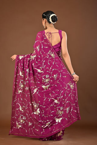 Falsa Platinum Chiffon Saree with Aari Kasab Heavy Jaal with sequins and motif with Parrot