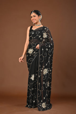 Black Platinum Chiffon Saree with Sequins Jaal with intricate aari cutwork motifs