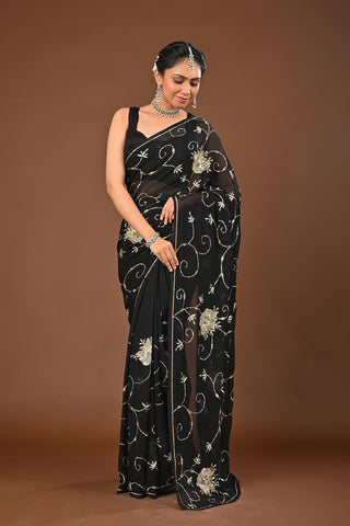 Black Platinum Chiffon Saree with Sequins Jaal with intricate aari cutwork motifs