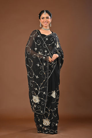 Black Platinum Chiffon Saree with Sequins Jaal with intricate aari cutwork motifs