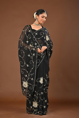 Black Platinum Chiffon Saree with Sequins Jaal with intricate aari cutwork motifs