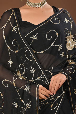 Black Platinum Chiffon Saree with Sequins Jaal with intricate aari cutwork motifs