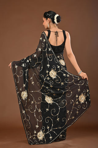 Black Platinum Chiffon Saree with Sequins Jaal with intricate aari cutwork motifs