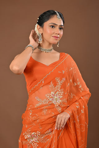 Rust Chiffon Saree with Aari Kasab Jal with heavy boota