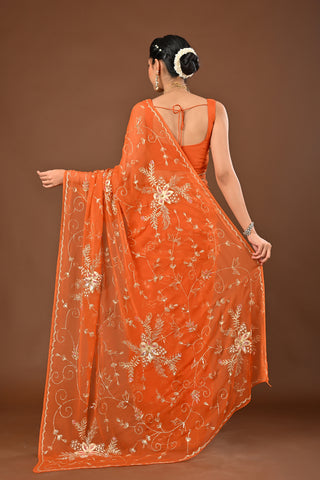 Rust Chiffon Saree with Aari Kasab Jal with heavy boota