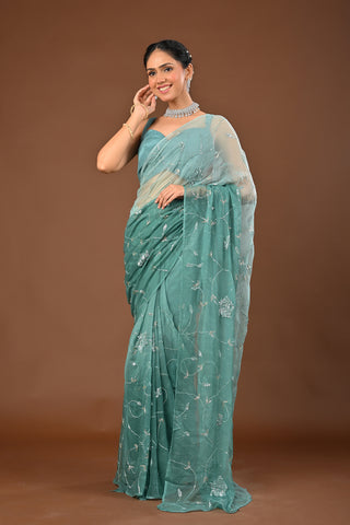 Dusty Teal Green Chiffon Saree with Self Colored Sequins Jaal with heavy boota