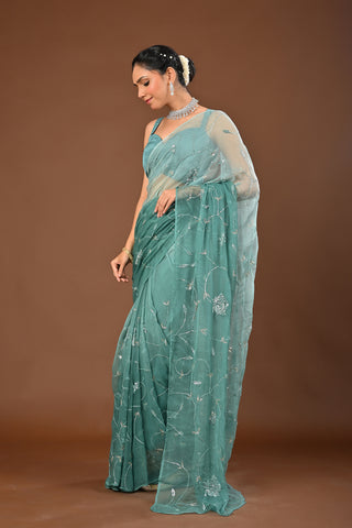 Dusty Teal Green Chiffon Saree with Self Colored Sequins Jaal with heavy boota