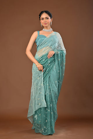 Dusty Teal Green Chiffon Saree with Self Colored Sequins Jaal with heavy boota