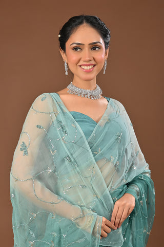 Dusty Teal Green Chiffon Saree with Self Colored Sequins Jaal with heavy boota