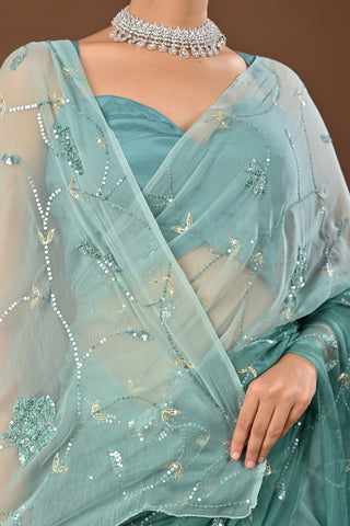 Dusty Teal Green Chiffon Saree with Self Colored Sequins Jaal with heavy boota