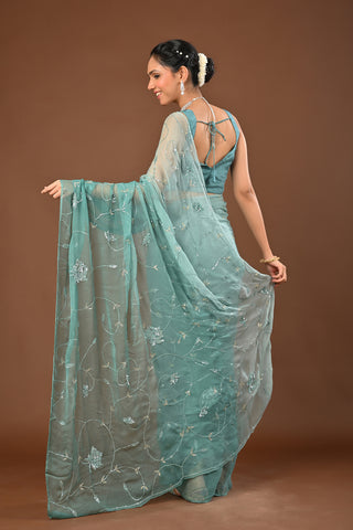 Dusty Teal Green Chiffon Saree with Self Colored Sequins Jaal with heavy boota