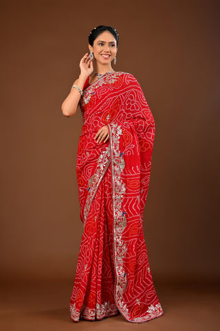 Designer Red Chinnon Saree adorned with Bandhej Saree with Gota Patti with