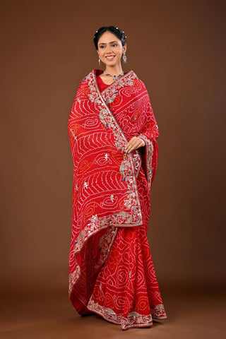 Designer Red Chinnon Saree adorned with Bandhej Saree with Gota Patti with