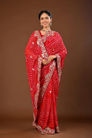 Designer Red Chinnon Saree adorned with Bandhej Saree with Gota Patti with