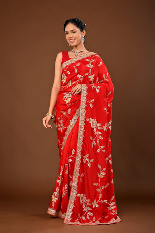 Bright red Soft silk Saree with Gota Patti Heavy Jaal with Resham
