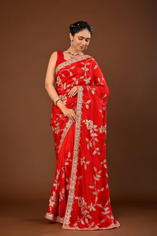 Bright red Soft silk Saree with Gota Patti Heavy Jaal with Resham