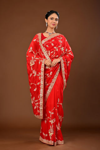 Bright red Soft silk Saree with Gota Patti Heavy Jaal with Resham