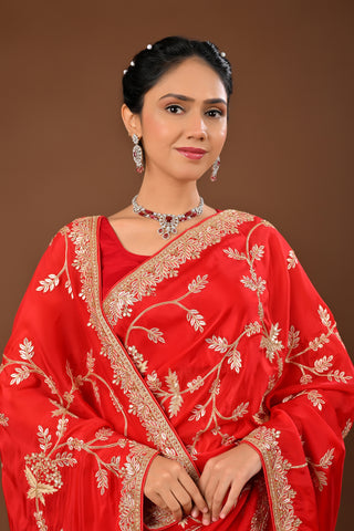 Bright red Soft silk Saree with Gota Patti Heavy Jaal with Resham