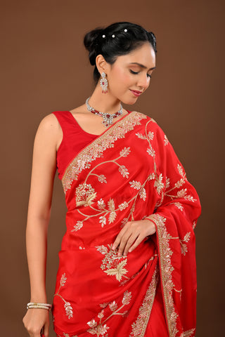 Bright red Soft silk Saree with Gota Patti Heavy Jaal with Resham
