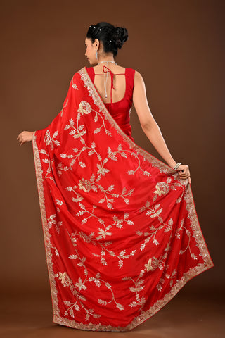 Bright red Soft silk Saree with Gota Patti Heavy Jaal with Resham
