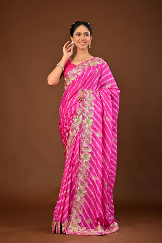 Fusia Pink Tussar silk Saree with Lehariya Saree with Aari Kasab Pittan