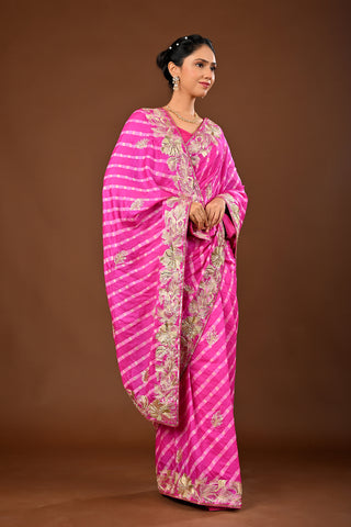 Fusia Pink Tussar silk Saree with Lehariya Saree with Aari Kasab Pittan