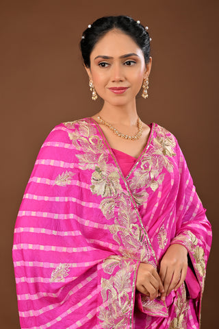 Fusia Pink Tussar silk Saree with Lehariya Saree with Aari Kasab Pittan