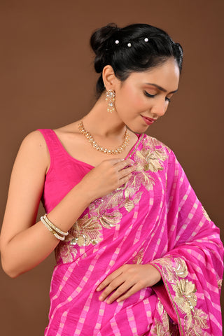 Fusia Pink Tussar silk Saree with Lehariya Saree with Aari Kasab Pittan