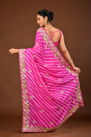 Fusia Pink Tussar silk Saree with Lehariya Saree with Aari Kasab Pittan