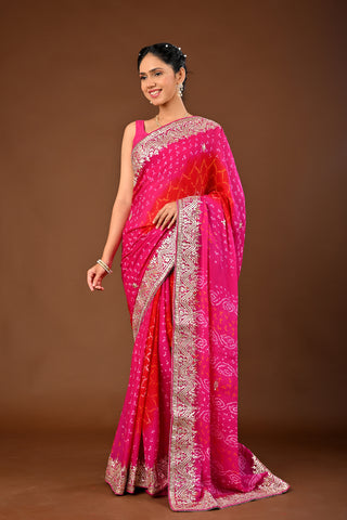 Hot pink Saree in Chinnon featuring Bandhej Saree with Gota Patti Heavy