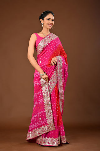 Hot pink Saree in Chinnon featuring Bandhej Saree with Gota Patti Heavy