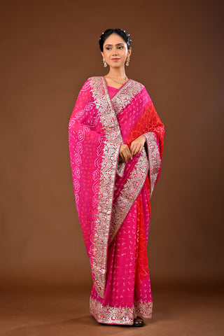 Hot pink Saree in Chinnon featuring Bandhej Saree with Gota Patti Heavy