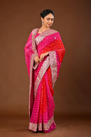 Hot pink Saree in Chinnon featuring Bandhej Saree with Gota Patti Heavy