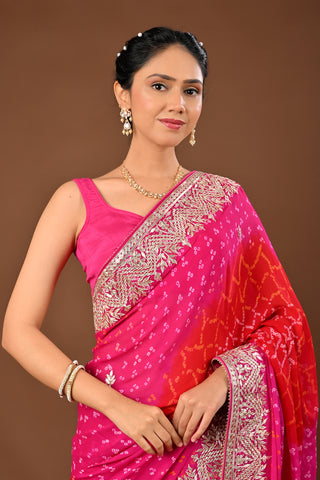Hot pink Saree in Chinnon featuring Bandhej Saree with Gota Patti Heavy