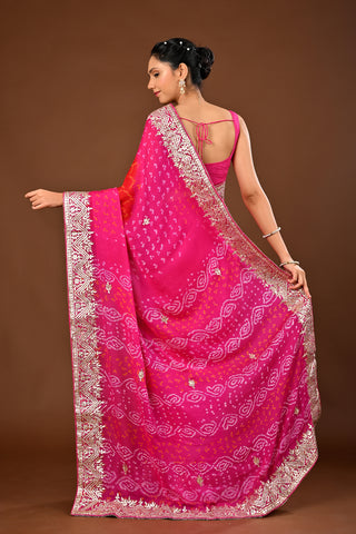 Hot pink Saree in Chinnon featuring Bandhej Saree with Gota Patti Heavy