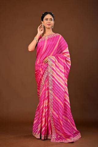 Hot pink Tussar silk Saree: Lehariya Saree with Marodi, Gota and