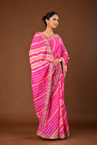 Hot pink Tussar silk Saree: Lehariya Saree with Marodi, Gota and