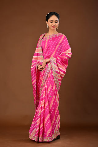 Hot pink Tussar silk Saree: Lehariya Saree with Marodi, Gota and