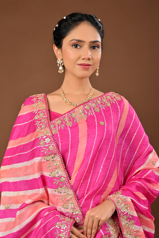Hot pink Tussar silk Saree: Lehariya Saree with Marodi, Gota and