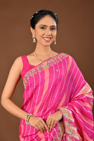 Hot pink Tussar silk Saree: Lehariya Saree with Marodi, Gota and