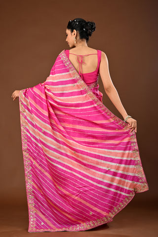 Hot pink Tussar silk Saree: Lehariya Saree with Marodi, Gota and